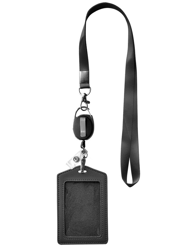 HoAoOo ID Card Case + Heavy Duty Lanyard (Black) + Badge Holder Retractable Reel Carabiner and Plastic Clip (Genuine Leather) - Image 2